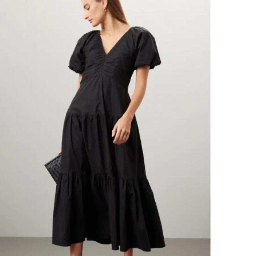 Club Monaco Midi Black Poplin Puff Sleeve Dress - Picture 3 of 8